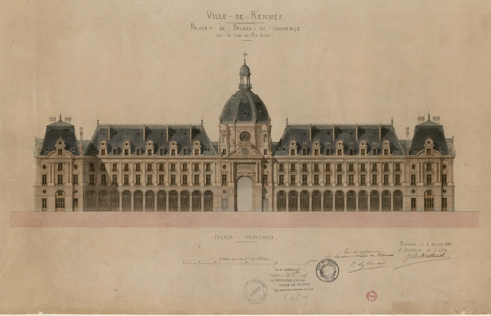 Élévation de la façade principale du Palais du Commerce de Rennes, dessin à l’encre et au lavis, signé et daté du 4 mars 1885